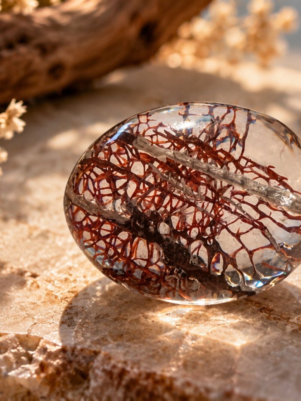 Rare Polished Black/Red Lattice Quartz Crystal Freeform Palm Stone